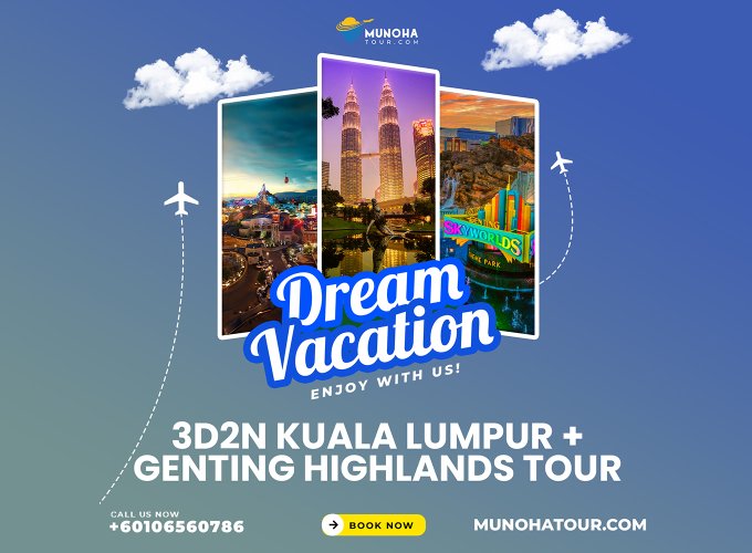Skyline view of Kuala Lumpur at night with Petronas Twin Towers illuminated, highlighting the 3D2N Kuala Lumpur Genting Tour Package by Munoha Malaysia Tour Package.