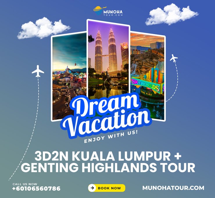 Skyline view of Kuala Lumpur at night with Petronas Twin Towers illuminated, highlighting the 3D2N Kuala Lumpur Genting Tour Package by Munoha Malaysia Tour Package.