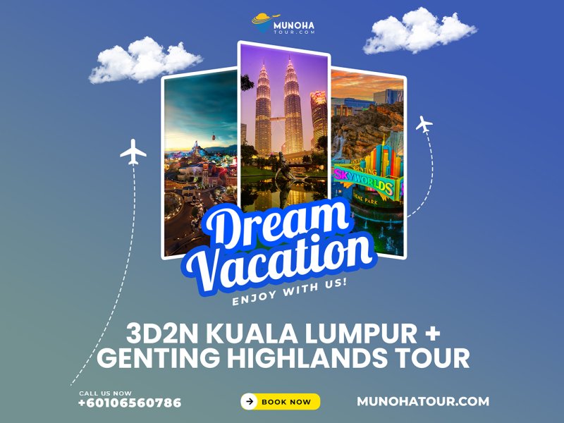 Skyline view of Kuala Lumpur at night with Petronas Twin Towers illuminated, highlighting the 3D2N Kuala Lumpur Genting Tour Package by Munoha Malaysia Tour Package.