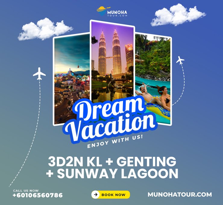 Thrilling rides at Sunway Lagoon, with Kuala Lumpur skyline and Genting Highlands in the background, part of the 3D2N Kuala Lumpur, Genting Tour, and Sunway Lagoon Package by Munoha Malaysia Tour Package.