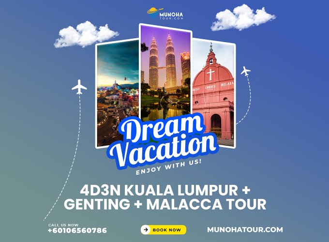 Aerial view of Kuala Lumpur’s skyline, Melaka’s historic sites, and Genting Highlands, showcasing the 4D3N Kuala Lumpur, Melaka, and Genting Tour by Munoha Malaysia Tour Packages.