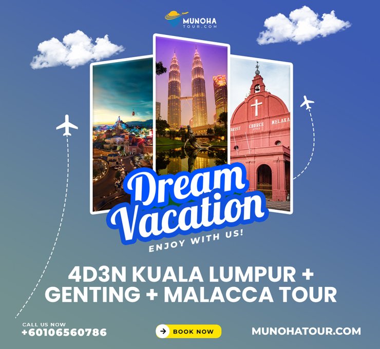 Aerial view of Kuala Lumpur’s skyline, Melaka’s historic sites, and Genting Highlands, showcasing the 4D3N Kuala Lumpur, Melaka, and Genting Tour by Munoha Malaysia Tour Packages.