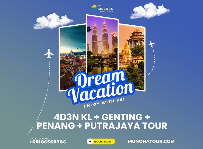 Scenic view of Batu Feringgi beach with golden sand and turquoise waters, part of the 4D3N Kuala Lumpur, Genting Highlands, Penang Islands, and Putrajaya Tour by Munoha Malaysia Tour Package.
