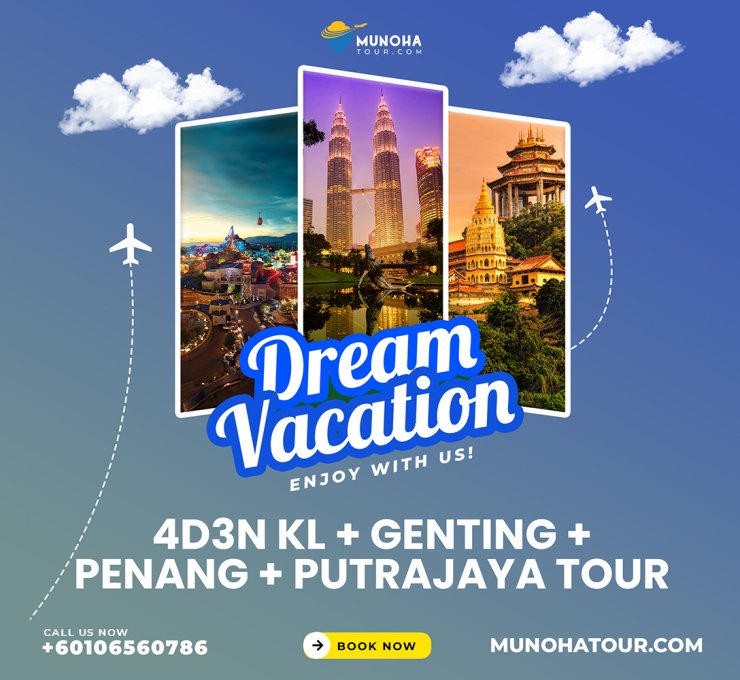 Scenic view of Batu Feringgi beach with golden sand and turquoise waters, part of the 4D3N Kuala Lumpur, Genting Highlands, Penang Islands, and Putrajaya Tour by Munoha Malaysia Tour Package.