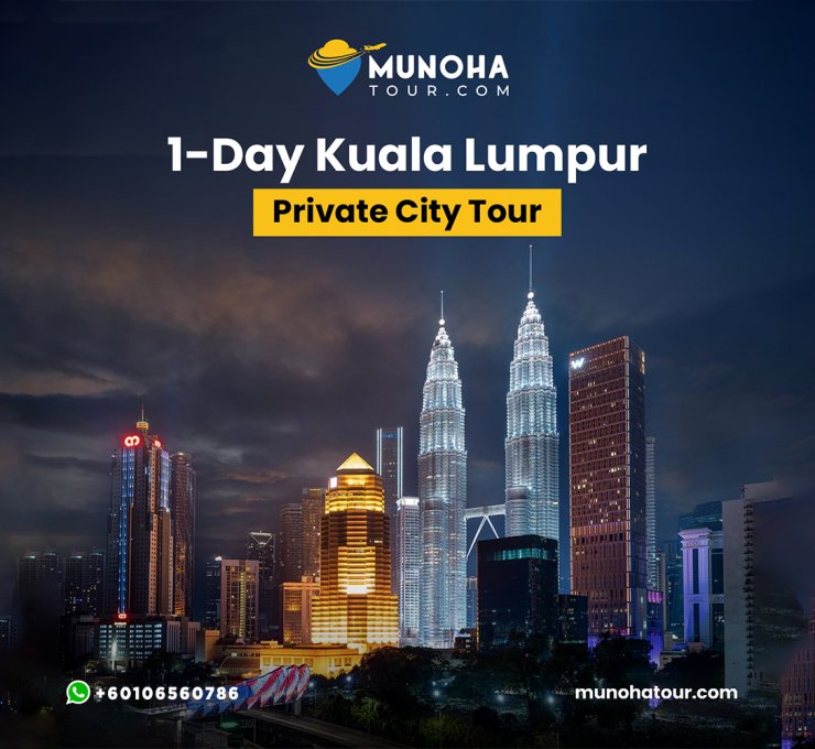 Tourists exploring the iconic landmarks of Kuala Lumpur, including the Petronas Twin Towers and Batu Caves, on a comprehensive one-day city tour.
