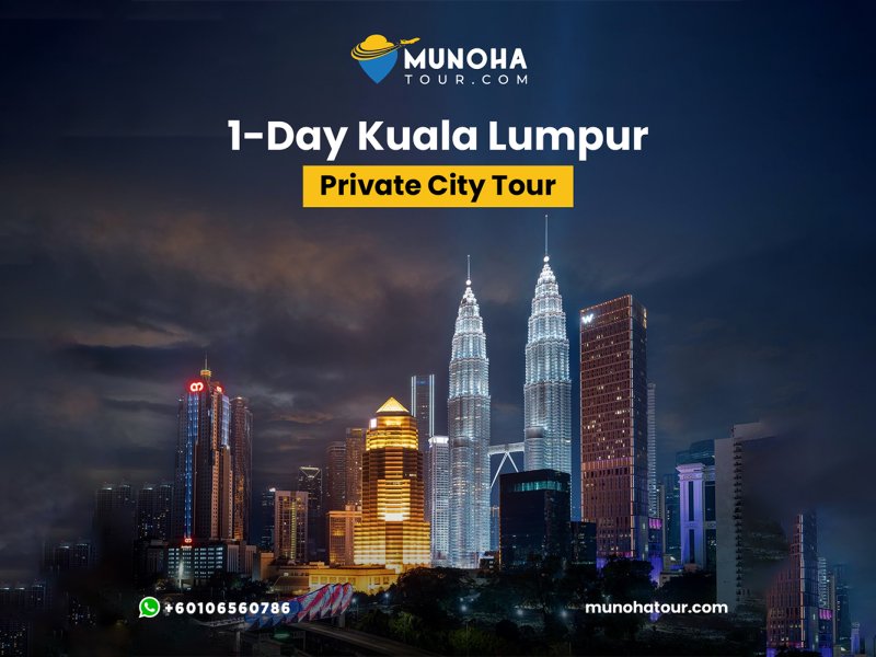 Tourists exploring the iconic landmarks of Kuala Lumpur, including the Petronas Twin Towers and Batu Caves, on a comprehensive one-day city tour.