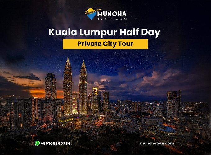 Tourists exploring key attractions of Kuala Lumpur, including the Petronas Twin Towers and Merdeka Square, on a half-day city tour.