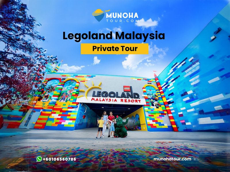 Families enjoying rides and attractions at LEGOLAND Malaysia, featuring colorful LEGO-themed structures.