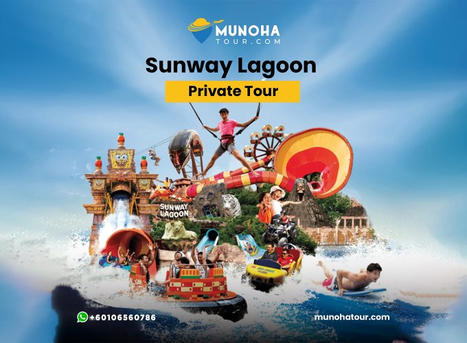 Visitors enjoying thrilling rides and attractions at Sunway Lagoon, a popular theme park and water park in Malaysia.