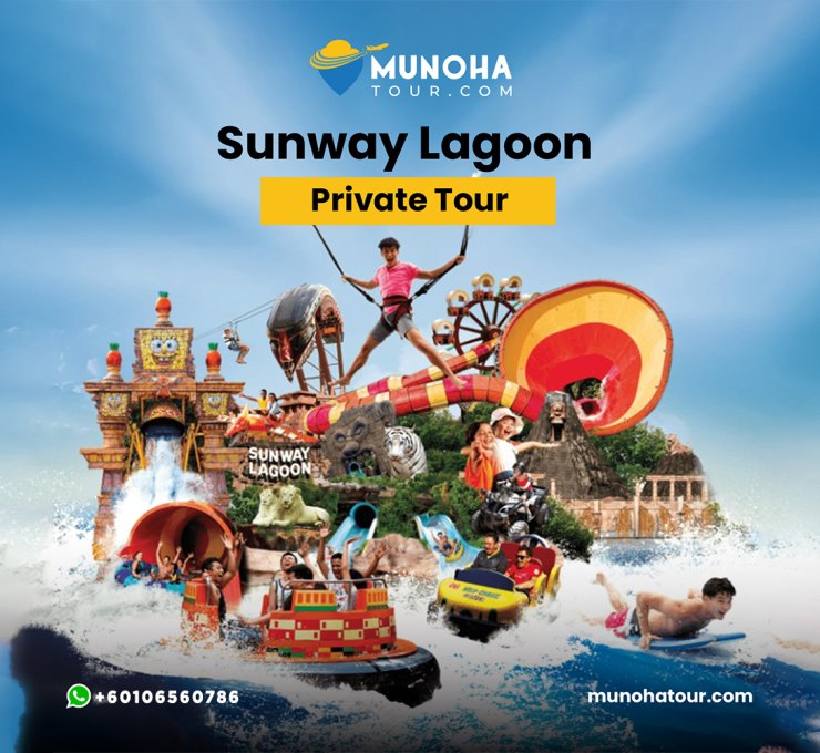 Visitors enjoying thrilling rides and attractions at Sunway Lagoon, a popular theme park and water park in Malaysia.